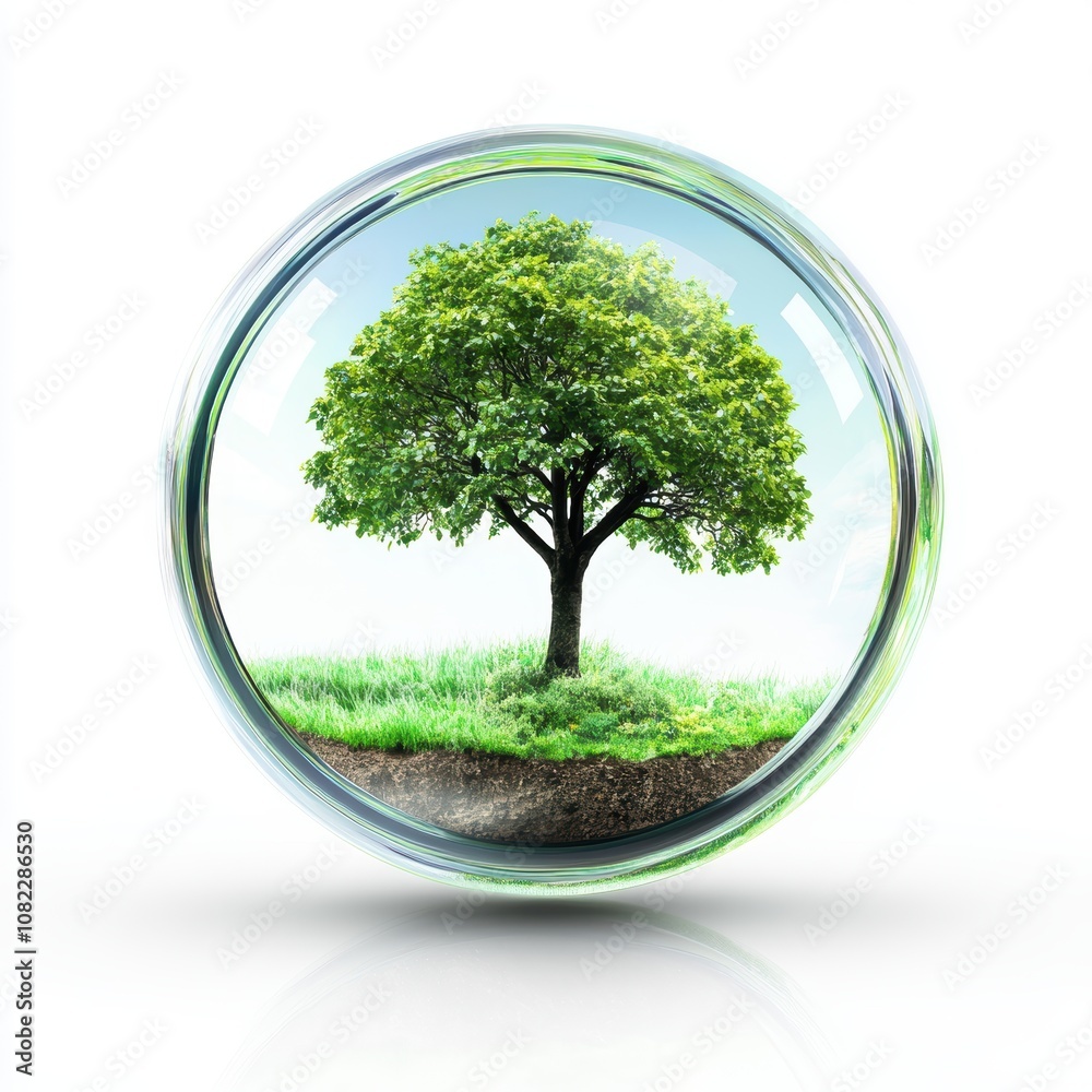 Tree encapsulated in a glass sphere, showcasing nature's beauty and preservation. Tree encapsulated in a glass sphere, showcasing nature's beauty and preservation.