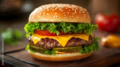 A juicy cheeseburger, topped with lettuce, tomato, pickles, and melted cheddar cheese.


