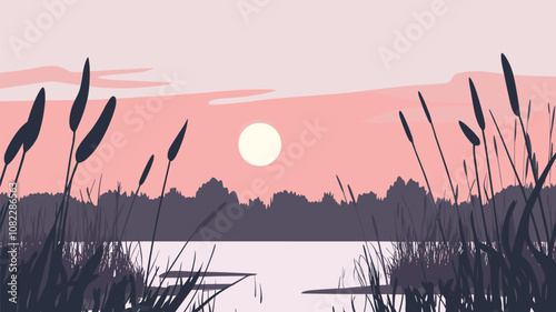 Sunset Over Lake with Reeds