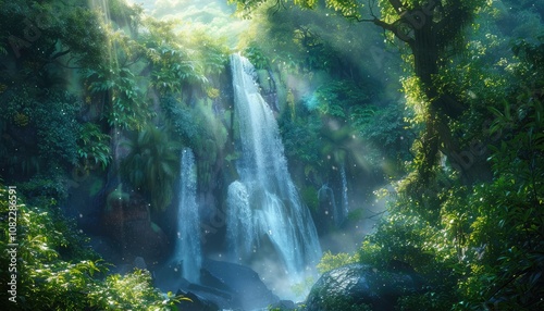 A Majestic Waterfall Cascading Through Lush Green Foliage in a Mystical Forest