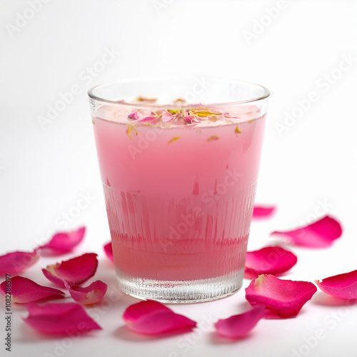 Refreshing Rose Petal Drink in Glass with Scattered Petals