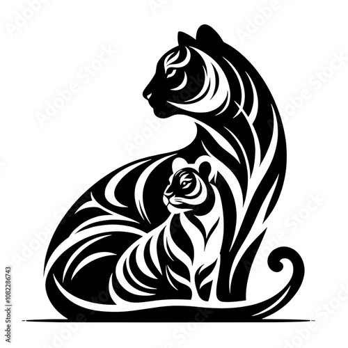Wallpaper Mural A black and white silhouette of tigress with tiger cub, minimalist stroke, minimalist art style, vector, isolated, transparent background Torontodigital.ca