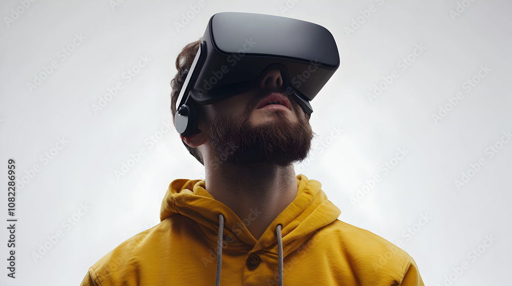 Fototapeta premium A Bearded Man in a Yellow Hoodie Immersively Experiences a Virtual Reality Headset, Exploring Digital Worlds with Awe and Wonder.