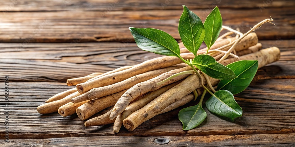Aerial closeup of Ashwagandha roots and leaves on wooden surface