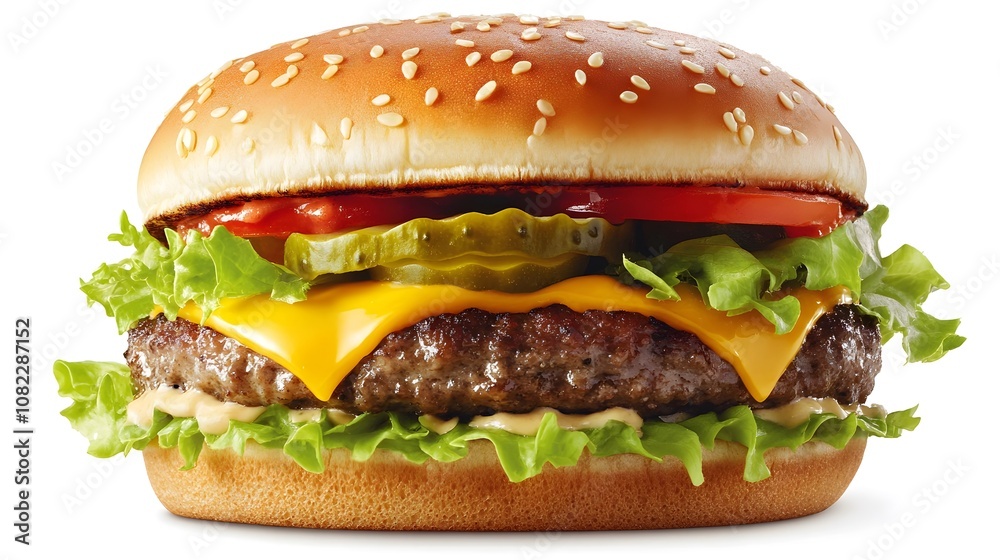 A juicy cheeseburger, topped with lettuce, tomato, pickles, and melted cheddar cheese.
A juicy cheeseburger, topped with lettuce, tomato, pickles, and melted cheddar cheese.