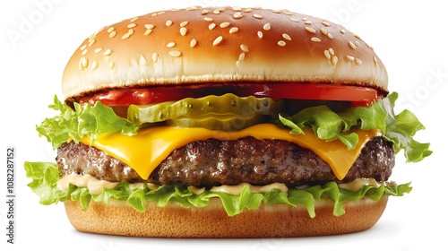 A juicy cheeseburger, topped with lettuce, tomato, pickles, and melted cheddar cheese.


