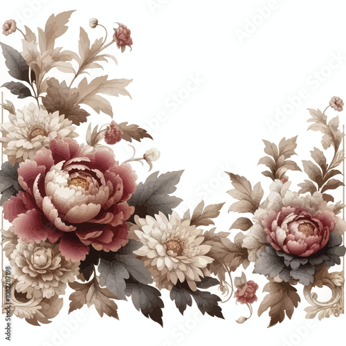 luxurious floral border design with peonies, chrysanthemums, and subtle acanthus leaves