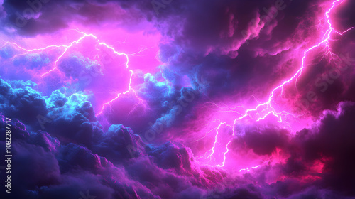 Vibrant Pink and Blue Lightning Strikes Across a Dramatic, Dark Cloud Background