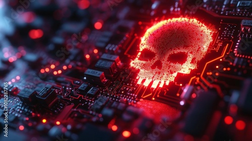 Red Skull Icon on Circuit Board. Generative AI