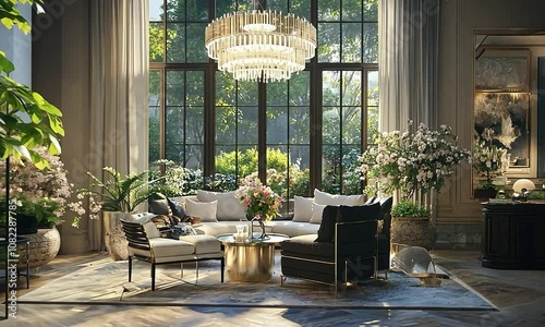 Modern chandelier in a floating home on a rocky outcrop, featuring aerodynamic design and a breathtaking view of a serene valley and distant mountains