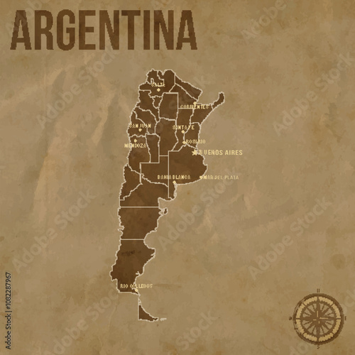 Vintage ARGENTINA Map with Regions Borders and Major Cities Positions