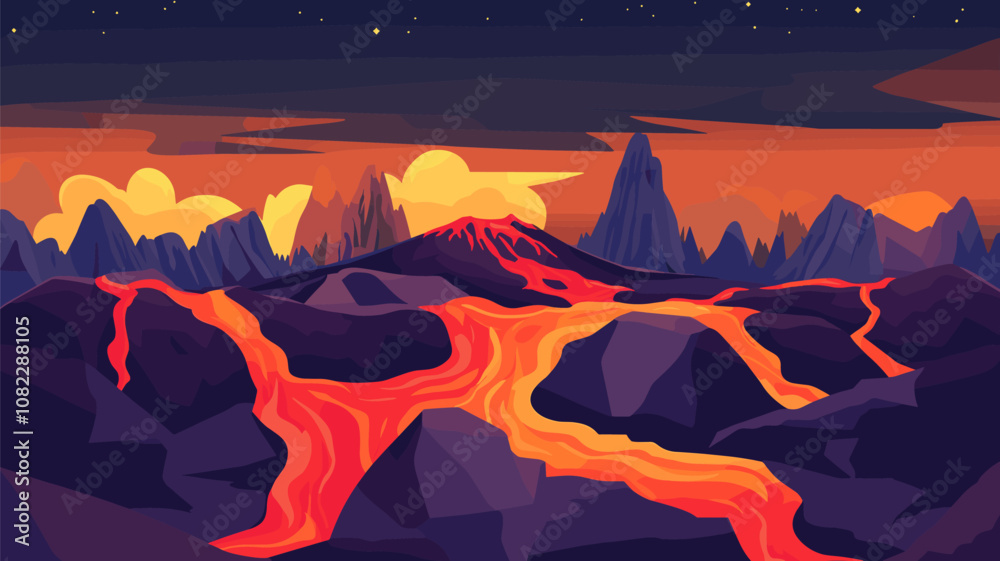 Volcanic Landscape with Flowing Lava Volcanic Landscape with Flowing Lava