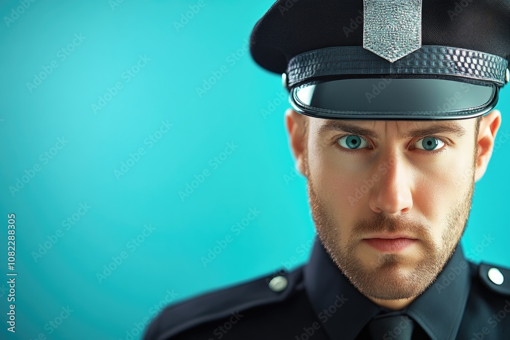 Portrait of a serious police officer in uniform against blue background Portrait of a serious police officer in uniform against blue background