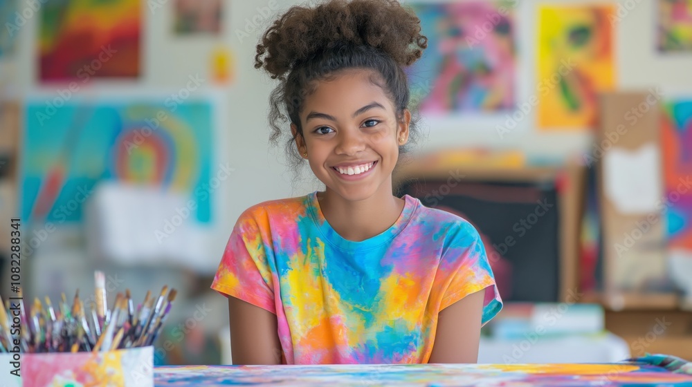 Creative teenage girl of african descent painting in vibrant art studio for school project