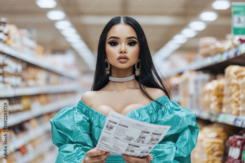 Elegant woman shopping in a supermarket, holding a shopping list in trendy fashion Elegant woman shopping in a supermarket, holding a shopping list in trendy fashion