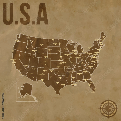 Vintage USA Map with Regions Borders and Major Cities Positions