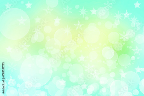 A festive abstract delicate Happy New Year or Christmas background texture with colorful yellow turquoise green blurred bokeh lights and stars. Space for design. Card concept or advertising.