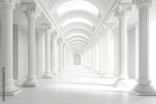 A long row of white pillars in a white room