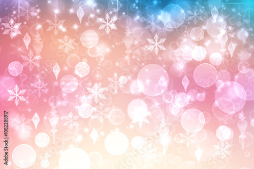 A festive abstract delicate Happy New Year or Christmas background texture with colorful gold yellow blue pink blurred bokeh lights and stars. Space for design. Card concept or advertising.