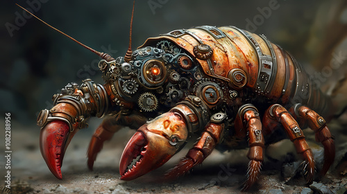 Fascinating artwork of a steampunk hermit crab featuring mechanical limbs, gears, and detailed metal embellishments. ideal for fantasy-themed prints, posters, and digital art. Steampunk. Illustration photo