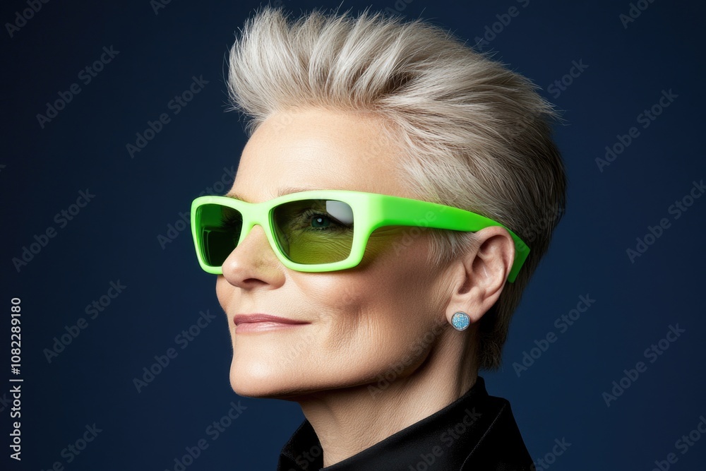 Confident woman with green sunglasses and short hair against dark background Confident woman with green sunglasses and short hair against dark background