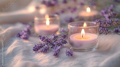 Tranquil indoor scene with soft lavender sprigs on linen fabric, accompanied by warm glowing candles in glass holders. A perfect setting for relaxation, showcasing delicate details of purple flowers 