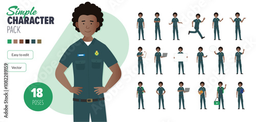 Simple flat female paramedic first responder vector character in a set of multiple poses. Easy to edit and isolated on a white background. Modern trendy style character mega pack with lots of poses.	