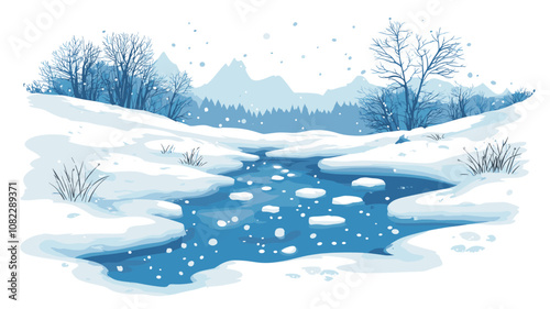 Snow-covered forest with flowing stream and scattered snowfall