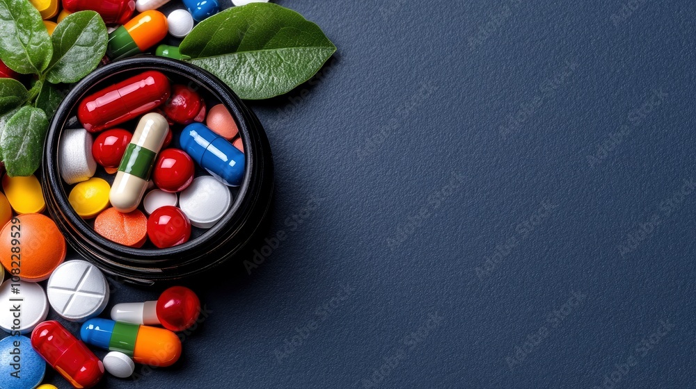 Colorful Pills and Capsules on a Blue Background with Green Leaves Colorful Pills and Capsules on a Blue Background with Green Leaves