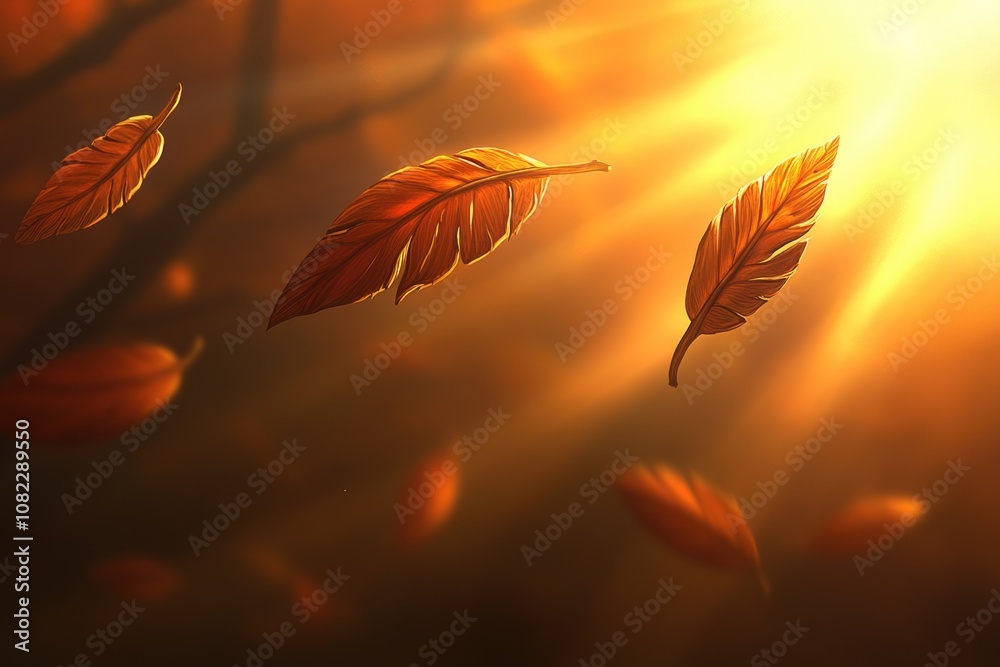 Golden autumn leaves floating in sunlit air Golden autumn leaves floating in sunlit air