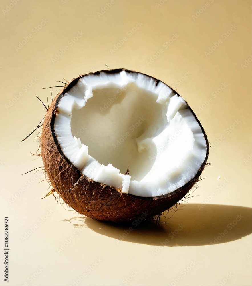 An intact circular coconut with a milky background and completely empty. An intact circular coconut with a milky background and completely empty.