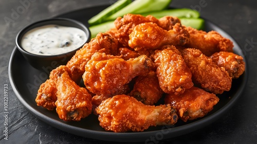 A plate of buffalo wings, crispy chicken wings coated in spicy buffalo sauce, served with blue cheese dressing.


 photo