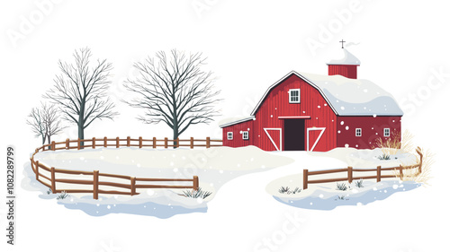 Red barn surrounded by snow and fence in winter countryside scene