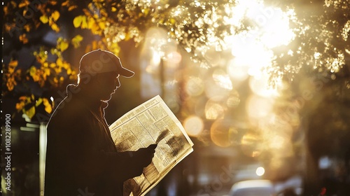 Early Morning Newspaper Delivery in Soft Light with Silhouetted Figure Reading on a Quiet Street Surrounded by Nature's Bokeh Effect