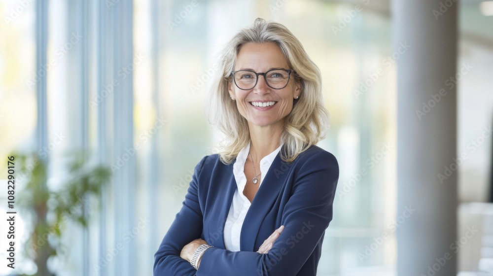 Fototapeta premium A self-assured woman with glasses stands in a contemporary office, smiling brightly as she crosses her arms. The bright space features large windows and lush greenery