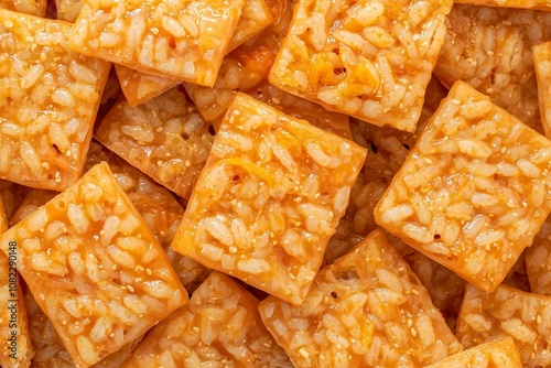 Close-Up of Crisp Kimchi-Flavored Rice Crackers, Highlighting Spicy Coating and Crunchy Texture in a Generous Pile. Great for Snack Reviews, Korean Cuisine Ads, or Packaging Design Inspiration. photo