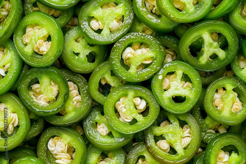 Close-Up of Freshly Pickled Jalapeño Slices, Heaped to Display Their Vivid Green Color and Tangy Juiciness. Great for Culinary Blogs, Ingredient Spotlights, or Spicy Food Advertisements.