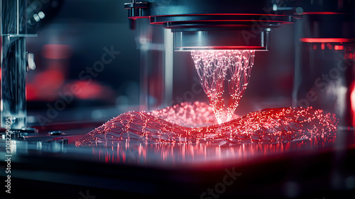 Hyper-realistic image of a bioprinter creating intricate muscle fibers, detailed organic patterns, glowing futuristic lab  photo