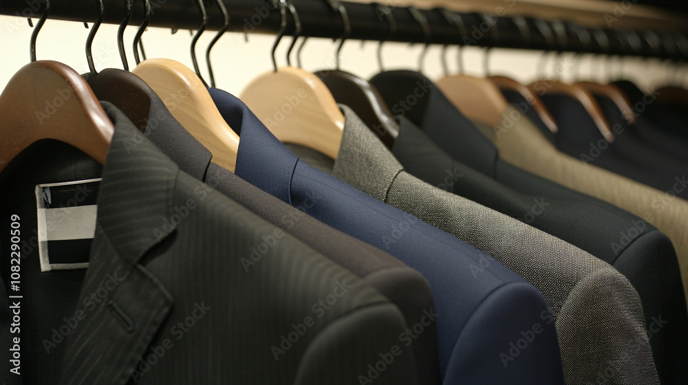 Fototapeta premium A Stylish Array of Business Suits Hanging Neatly on a Rack Showcasing Variety in Colors and Textures for Fashion and Professionalism