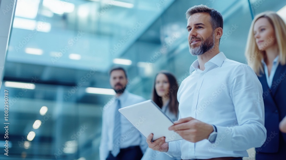 In a contemporary office environment, a group of professionals collaborates, discussing ideas and reviewing information presented on a tablet In a contemporary office environment, a group of professionals collaborates, discussing ideas and reviewing information presented on a tablet
