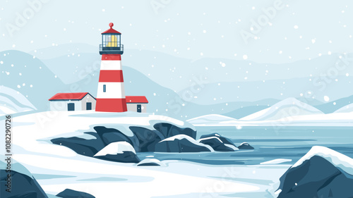 Snowy Lighthouse on Rocky Coast with Falling Snow in Winter