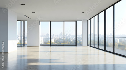 Empty Modern Apartment with Panoramic City View, Sunlit Hardwood Floor, Large Windows, Minimalist Design, Spacious Interior