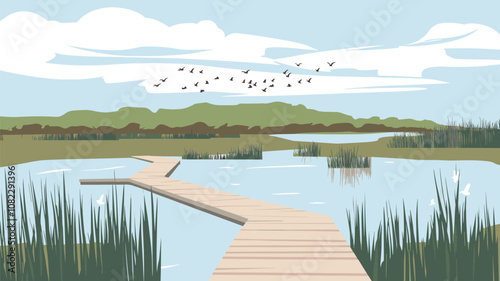 Boardwalk Over Marshland with Birds