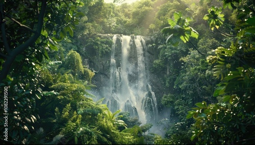 Lush Green Jungle Waterfall with Sun Rays Filtering Through Leaves