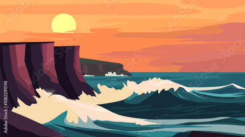 Sunset Waves Crashing on Cliff