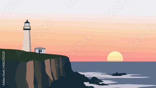 Lighthouse on Cliff at Sunset
