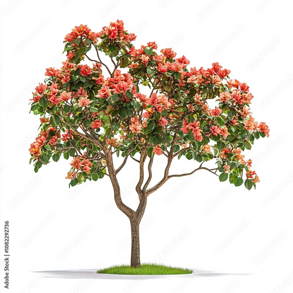 Malaysia native ornamental tree with flowers elevation on a white background,generative ai Malaysia native ornamental tree with flowers elevation on a white background,generative ai