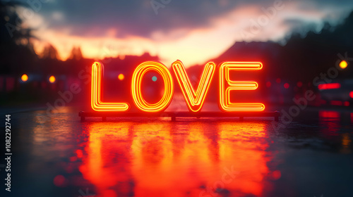 Neon LOVE Sign Illuminates a Rainy Cityscape at Sunset, Reflecting Romance and Urban Ambiance.