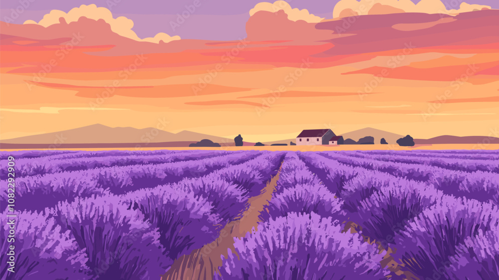 Fototapeta premium Lavender Field at Dusk with Mountains