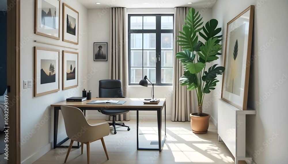 Fototapeta premium A modern and minimalist home office space with a wooden desk, a beige office chair, and a large potted plant in the corner.